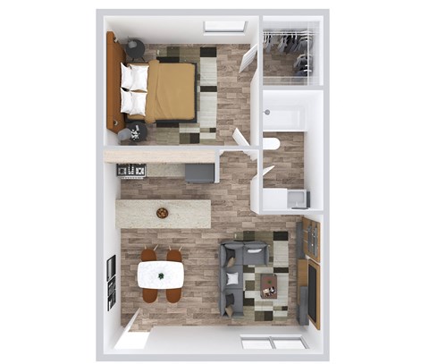 Floor plan for 1 bed, 1 bath, 600 sqft